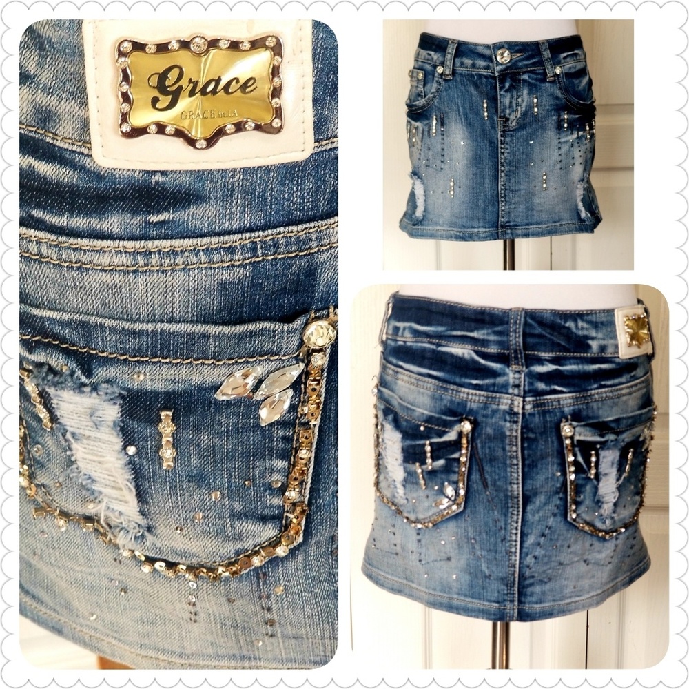 Grace in LA rehinstone Denium Mini Skirt